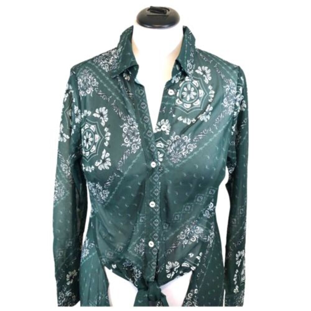 Soncy Women's SZ 12 Semi Sheer High‎ Low Duster Green White Bandana Print - Picture 3 of 8